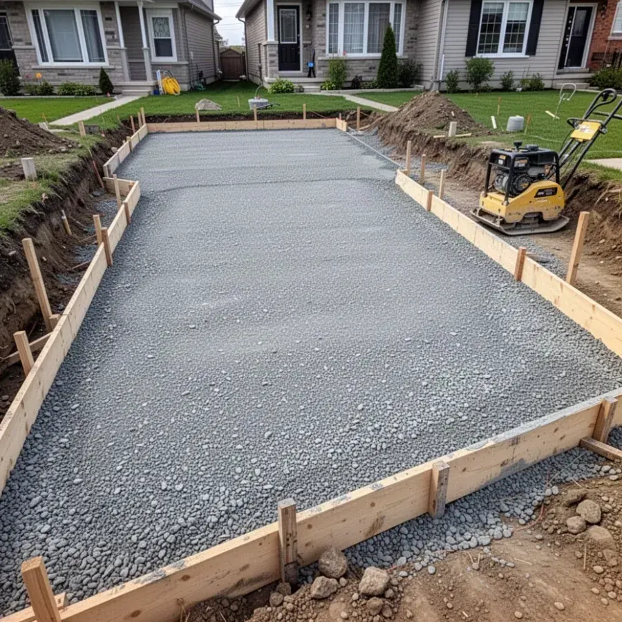 Compacted granular base prepared for concrete driveway
