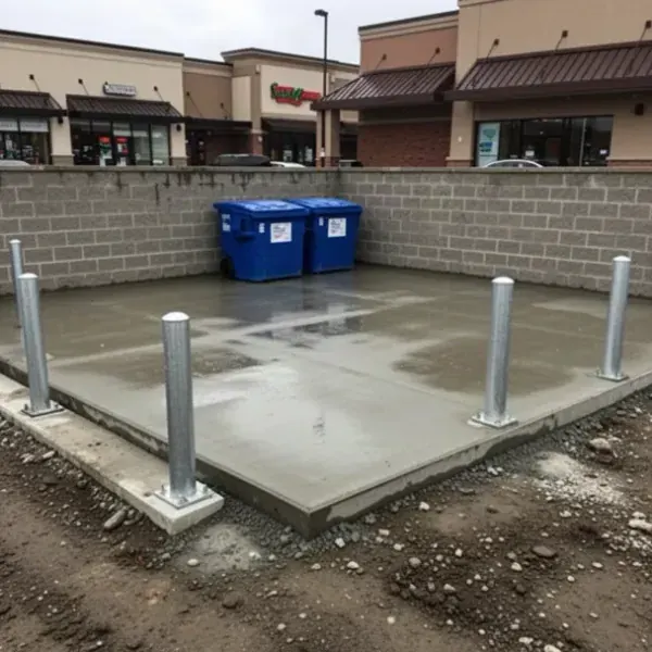 Concrete bin pad behind commercial plaza