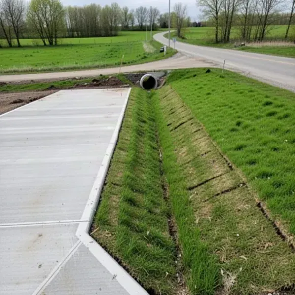 Concrete driveway beside drainage swale on rural lot