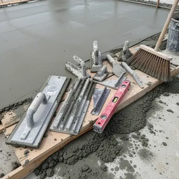Concrete finishing tools beside a freshly poured slab