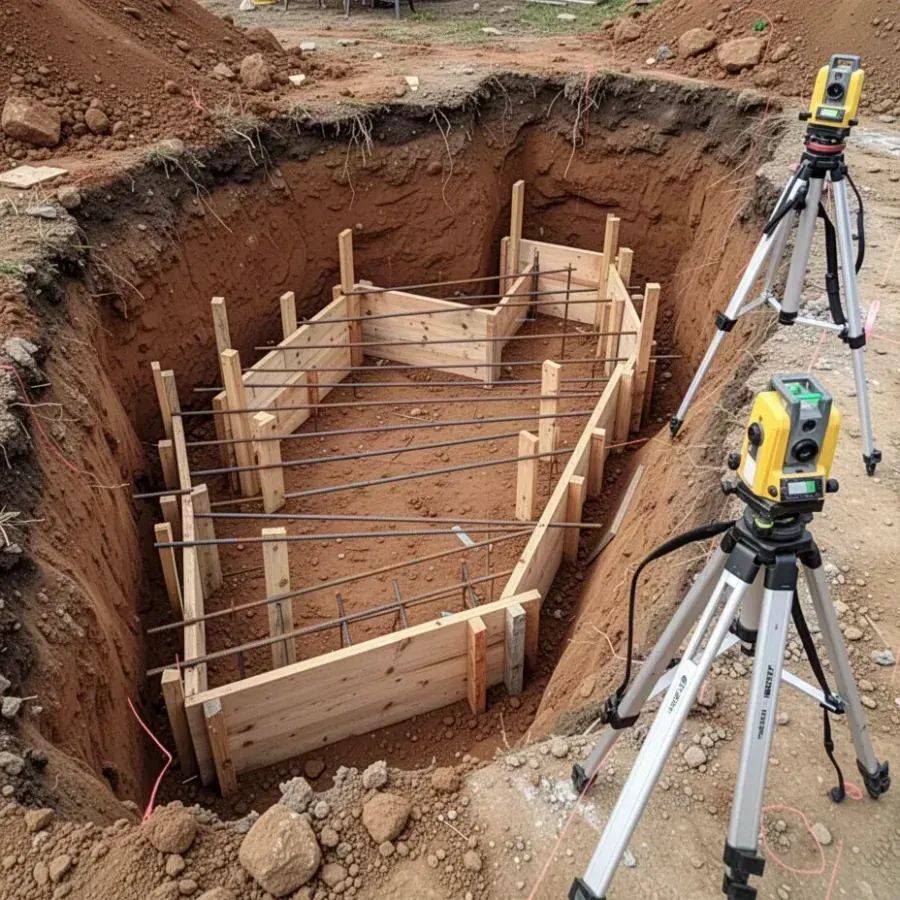 Concrete footing forms with rebar in excavation