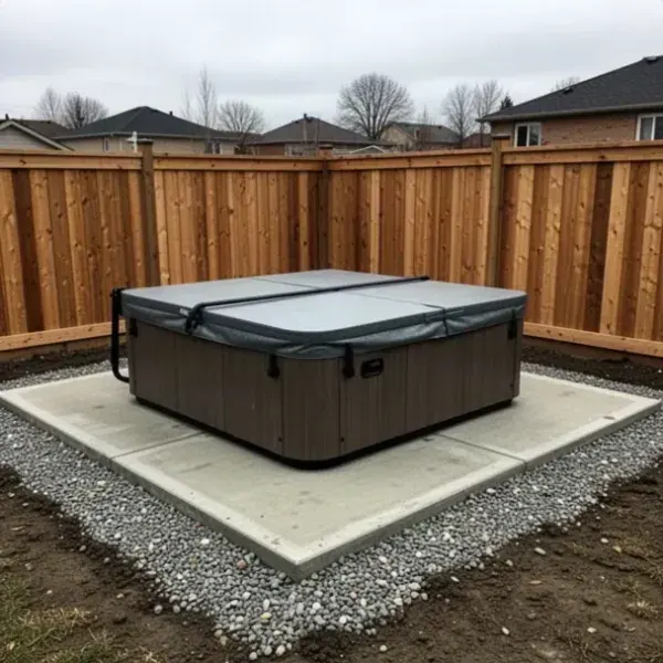 Concrete hot tub pad in backyard