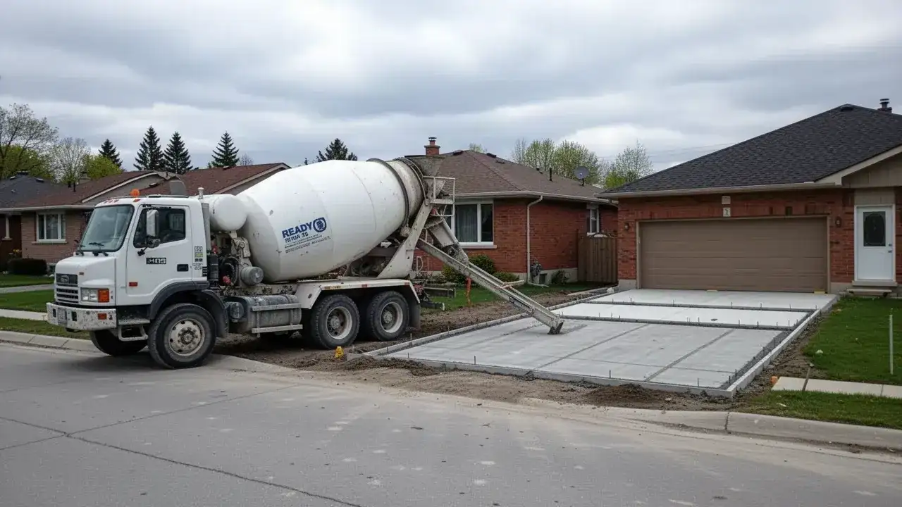 Concrete mixer truck at residential job site in London