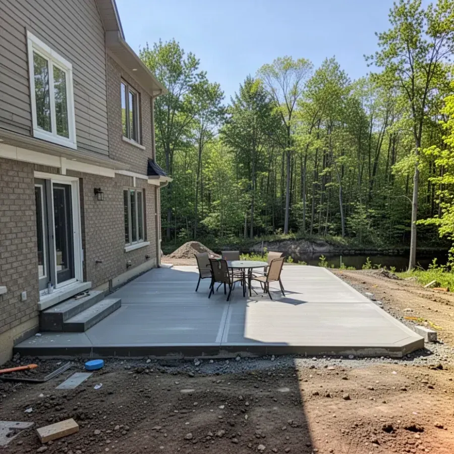 Concrete patio behind new home in Kilworth