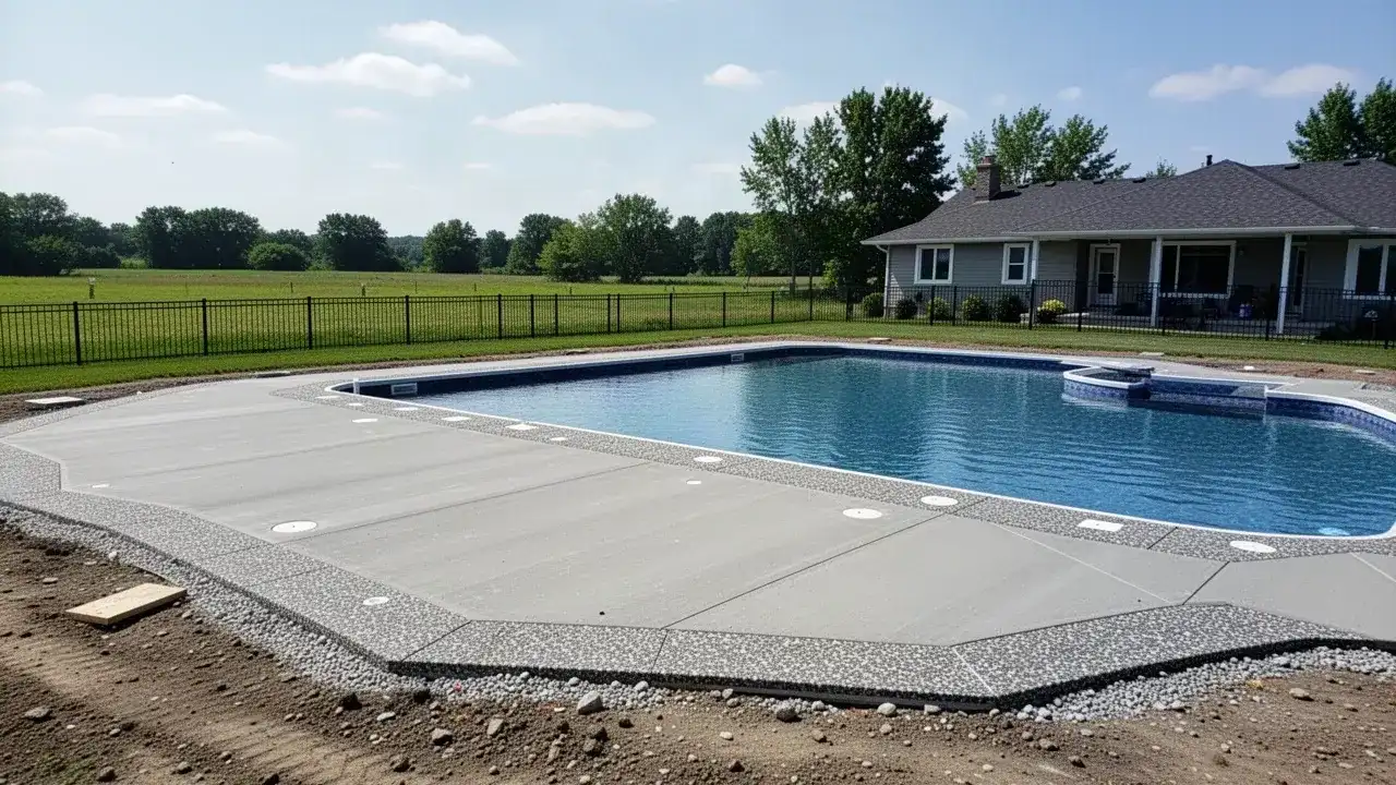 Concrete pool deck on large Dorchester lot