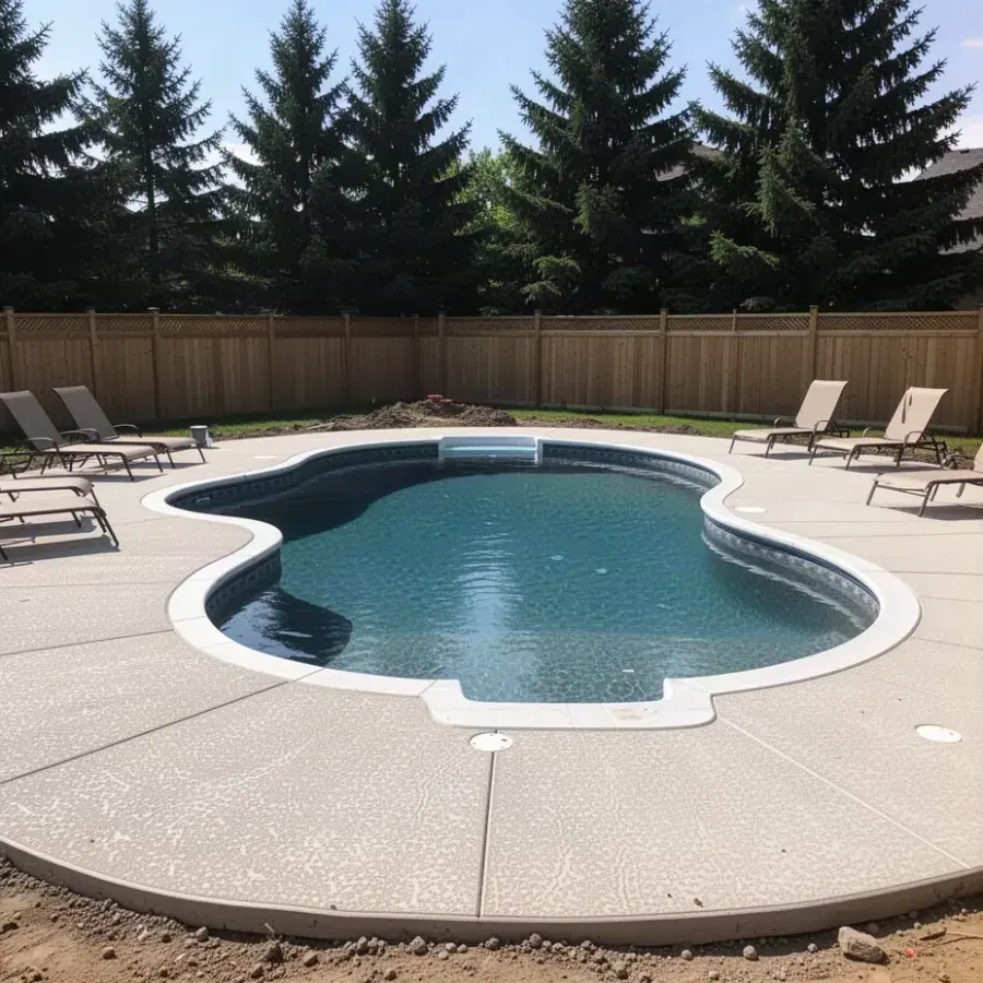 Concrete pool deck surrounding inground swimming pool