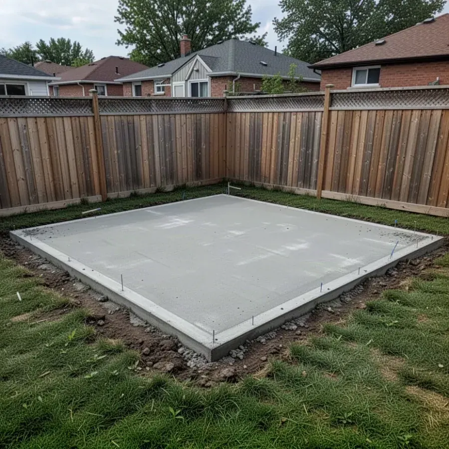 Concrete shed pad in backyard corner