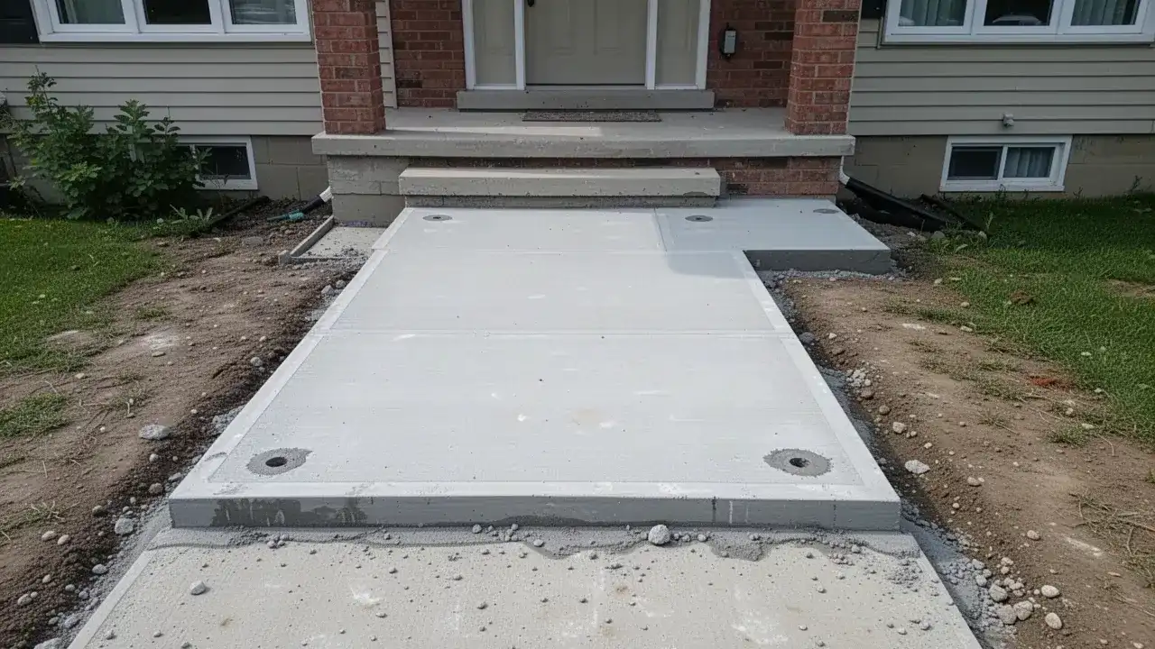 Concrete walkway slabs lifted level with foam