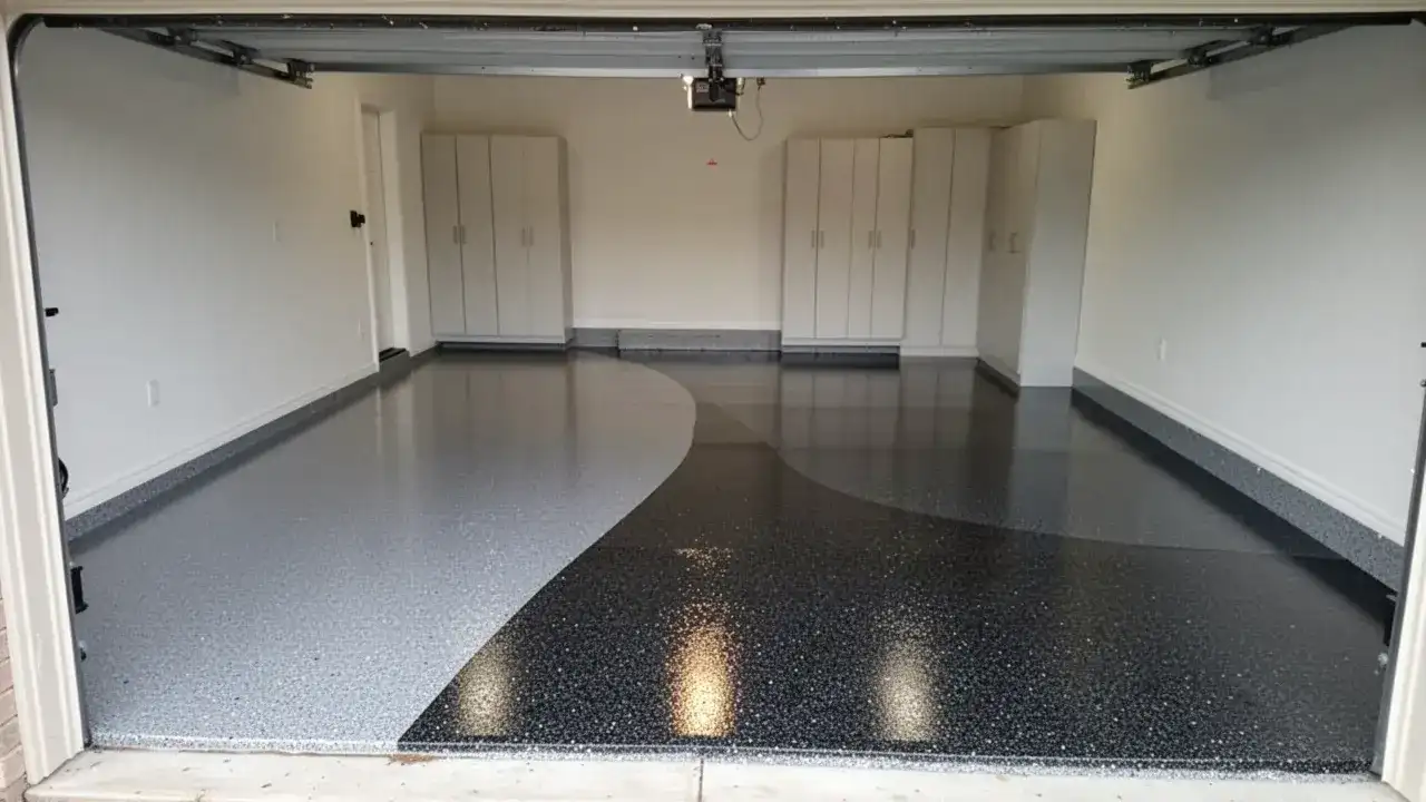 Epoxy flake garage floor coating in London home