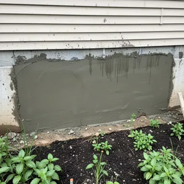 Foundation wall with fresh parging coat