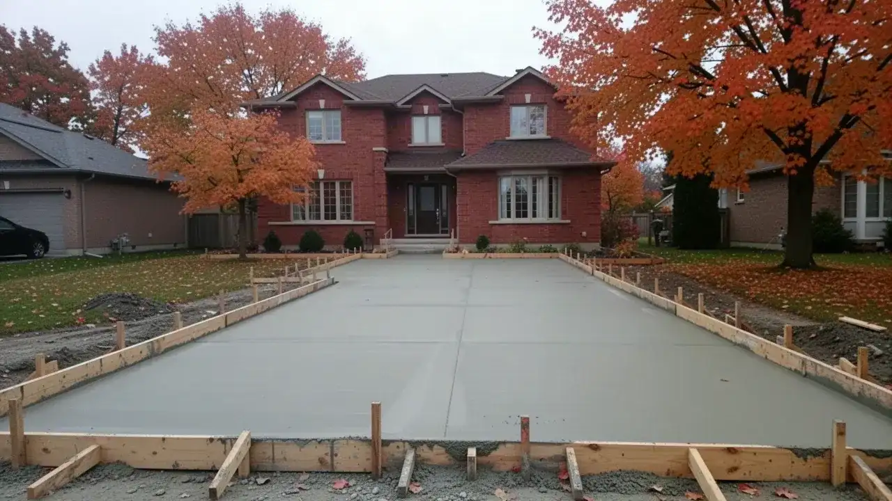 Freshly poured concrete driveway at London Ontario home