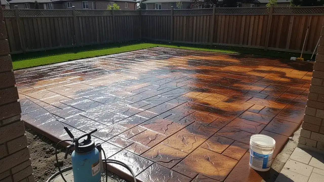 Freshly sealed stamped concrete patio with wet look