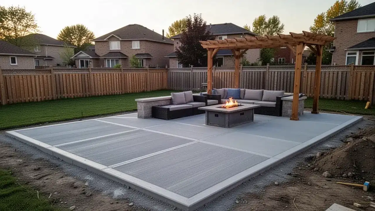 Large backyard concrete patio with outdoor furniture