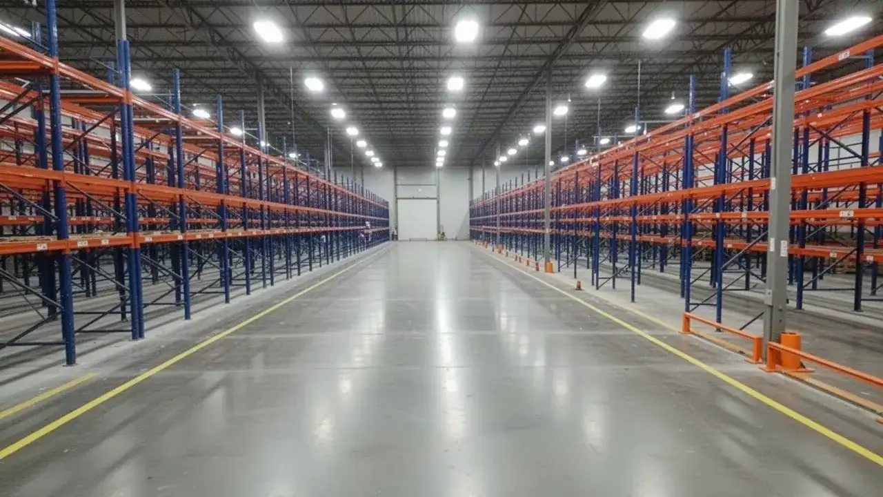 Large warehouse concrete floor with pallet racking