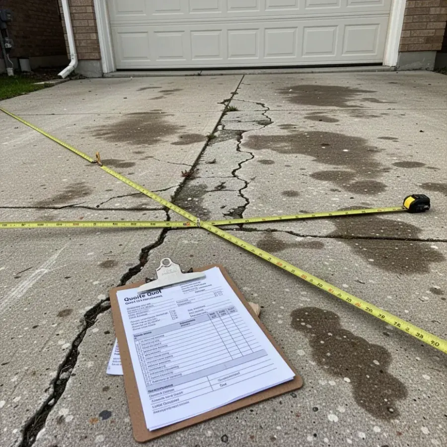 Measuring cracked concrete driveway during free estimate visit