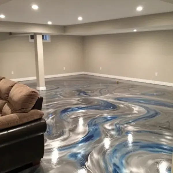 Metallic epoxy floor coating in finished basement