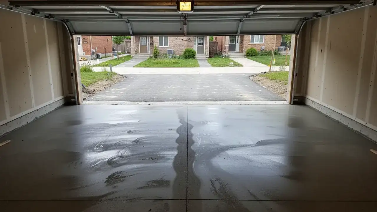 New concrete garage floor slab after pour