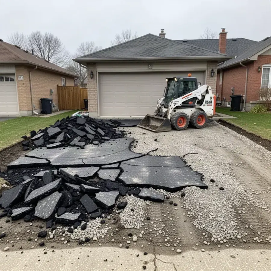 Old asphalt driveway removed for concrete replacement