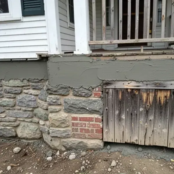 Parged stone foundation on St. Thomas century home