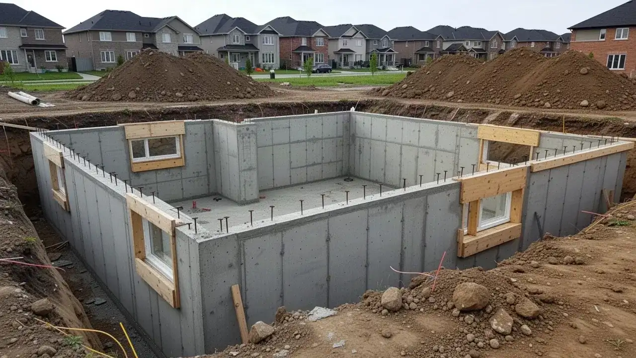 Poured concrete foundation walls for new home