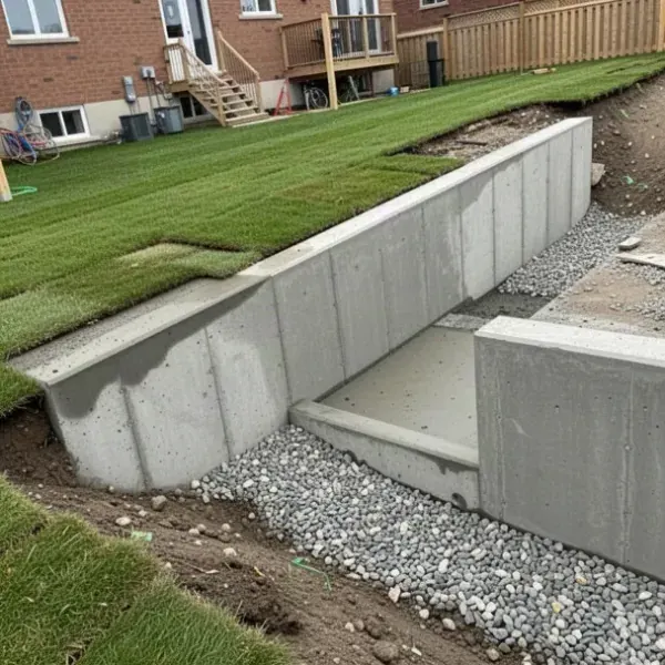 Poured concrete retaining wall in backyard