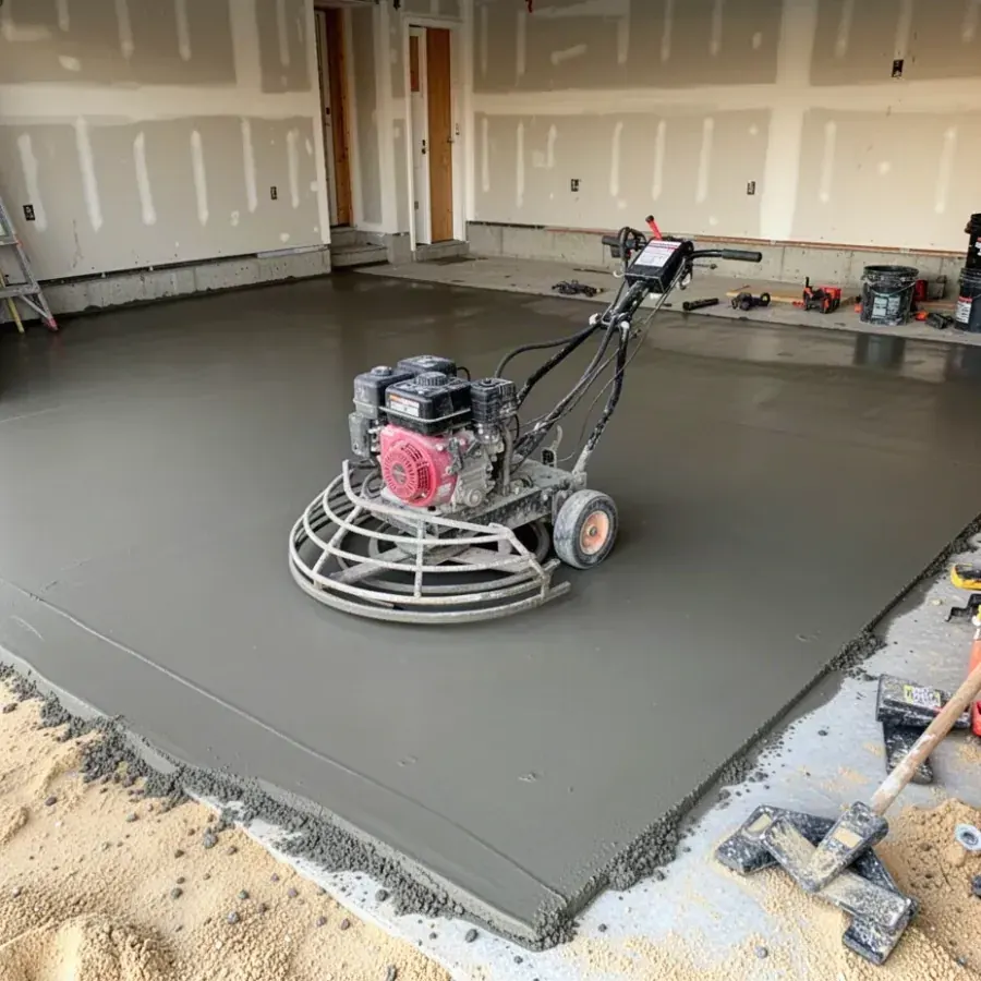 Power trowel resting on freshly finished concrete slab