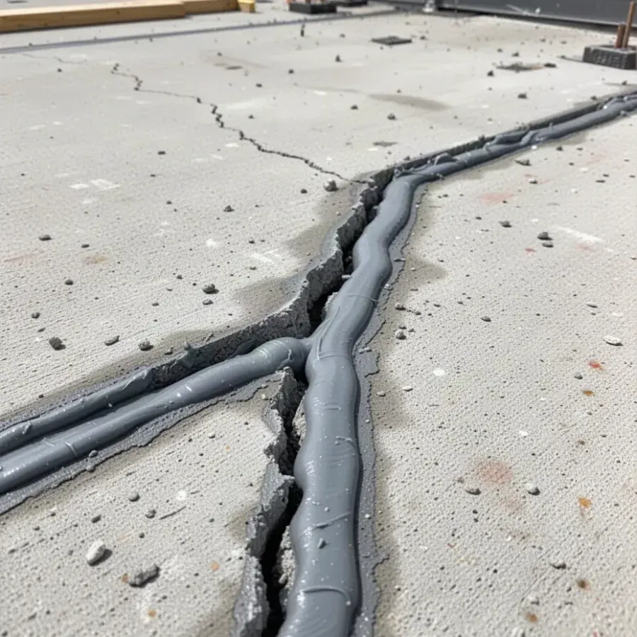 Routed and sealed crack in concrete slab