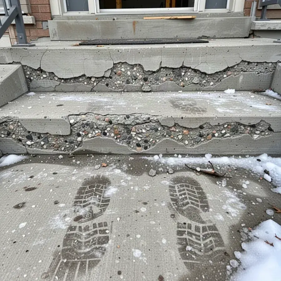 Salt damaged spalling concrete front steps