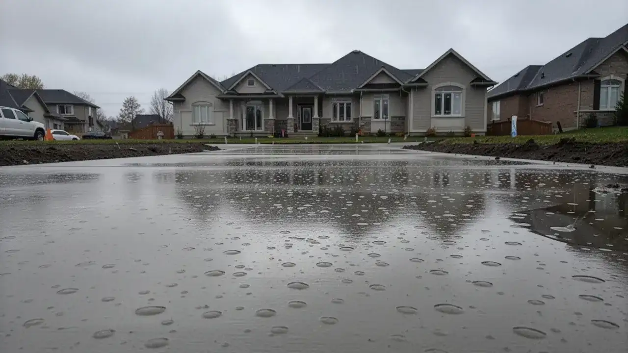 Sealed Concrete Driveway After Rain Sealed concrete driveway beading water after rain