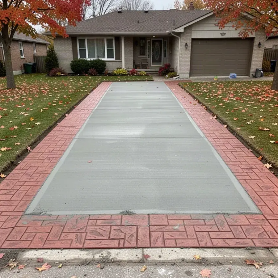 Stamped concrete driveway with brick pattern border