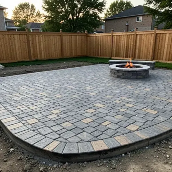 Stamped concrete patio in Woodstock backyard