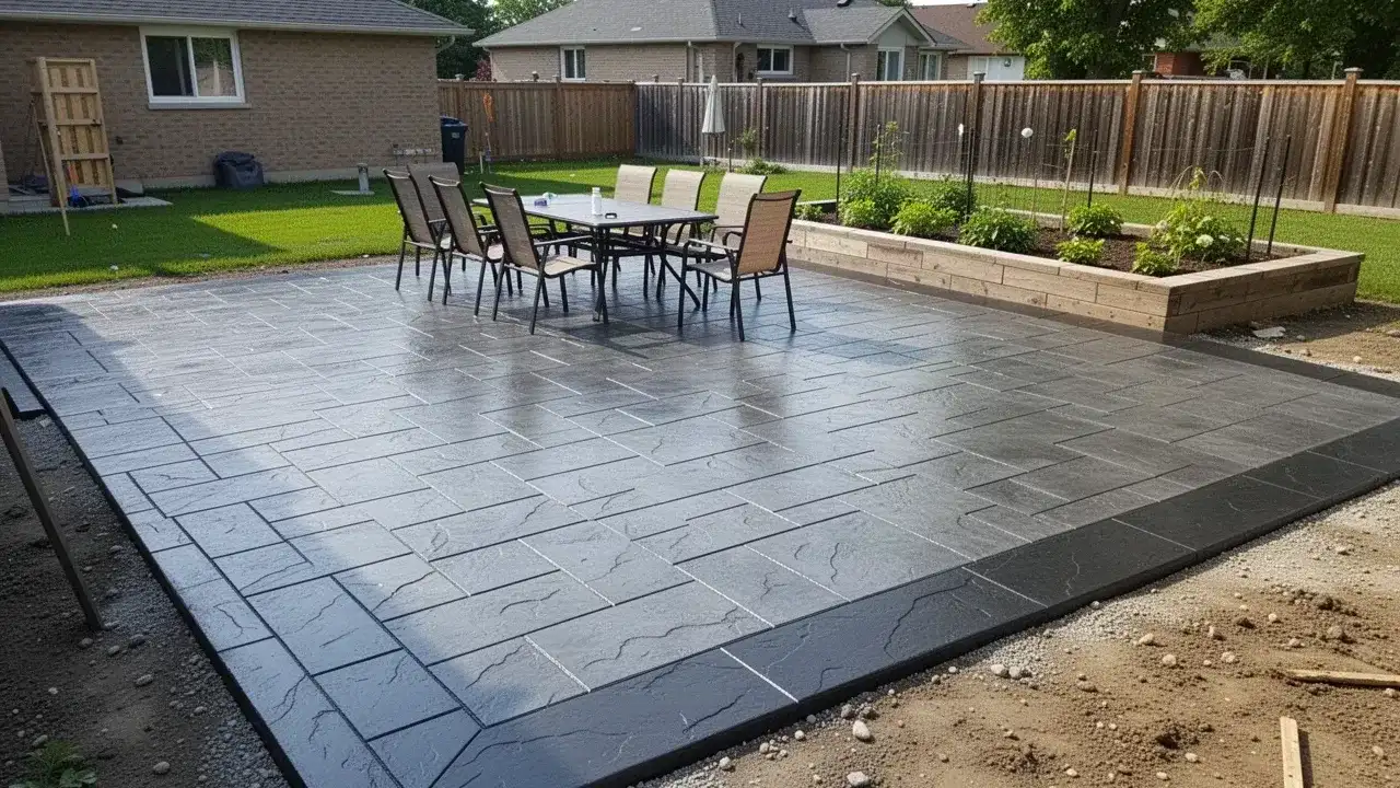 Stamped concrete patio with grey slate pattern