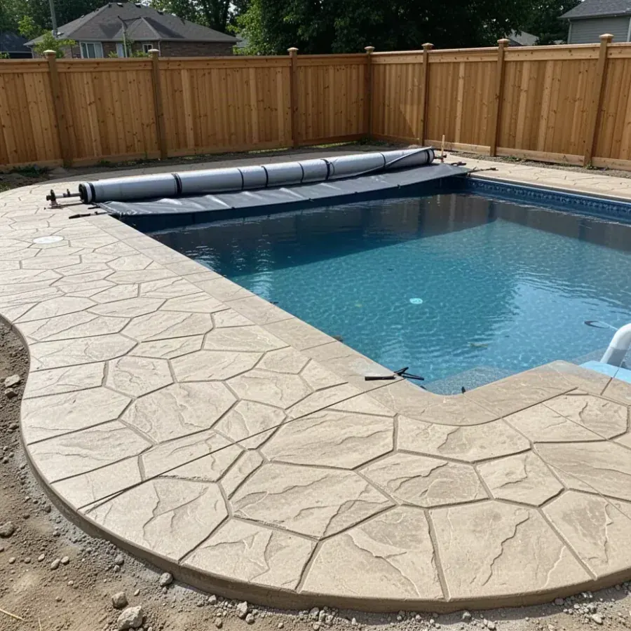 Stamped concrete pool deck project in London backyard