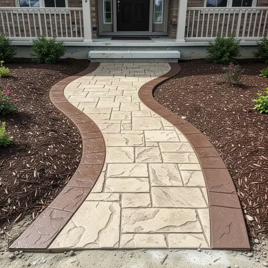 Stamped concrete walkway with ashlar stone pattern