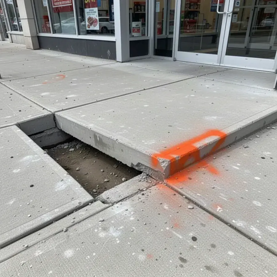 Sunken concrete sidewalk slab creating trip hazard