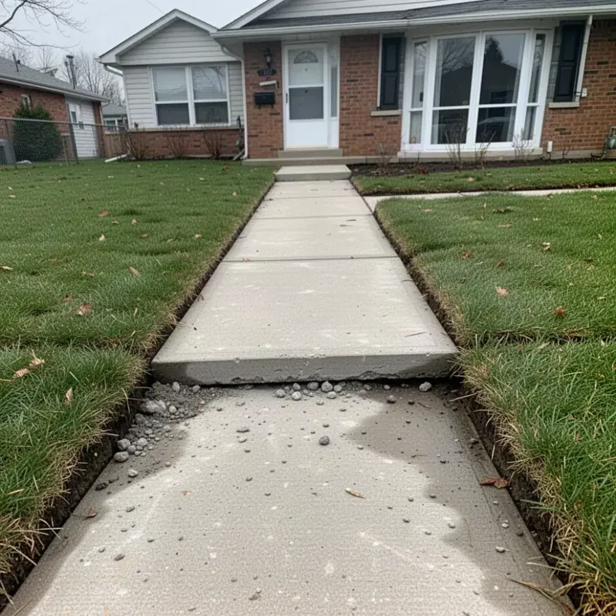 Sunken concrete walkway slab before levelling repair