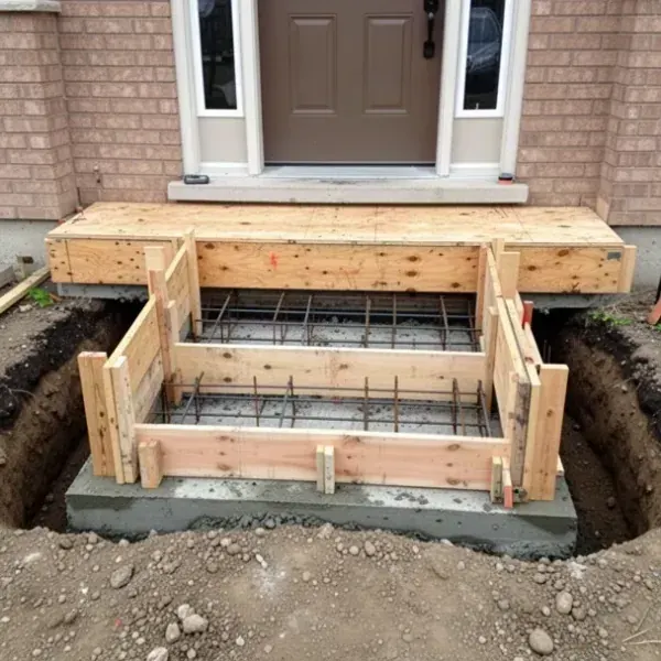 Wooden forms built for poured concrete steps